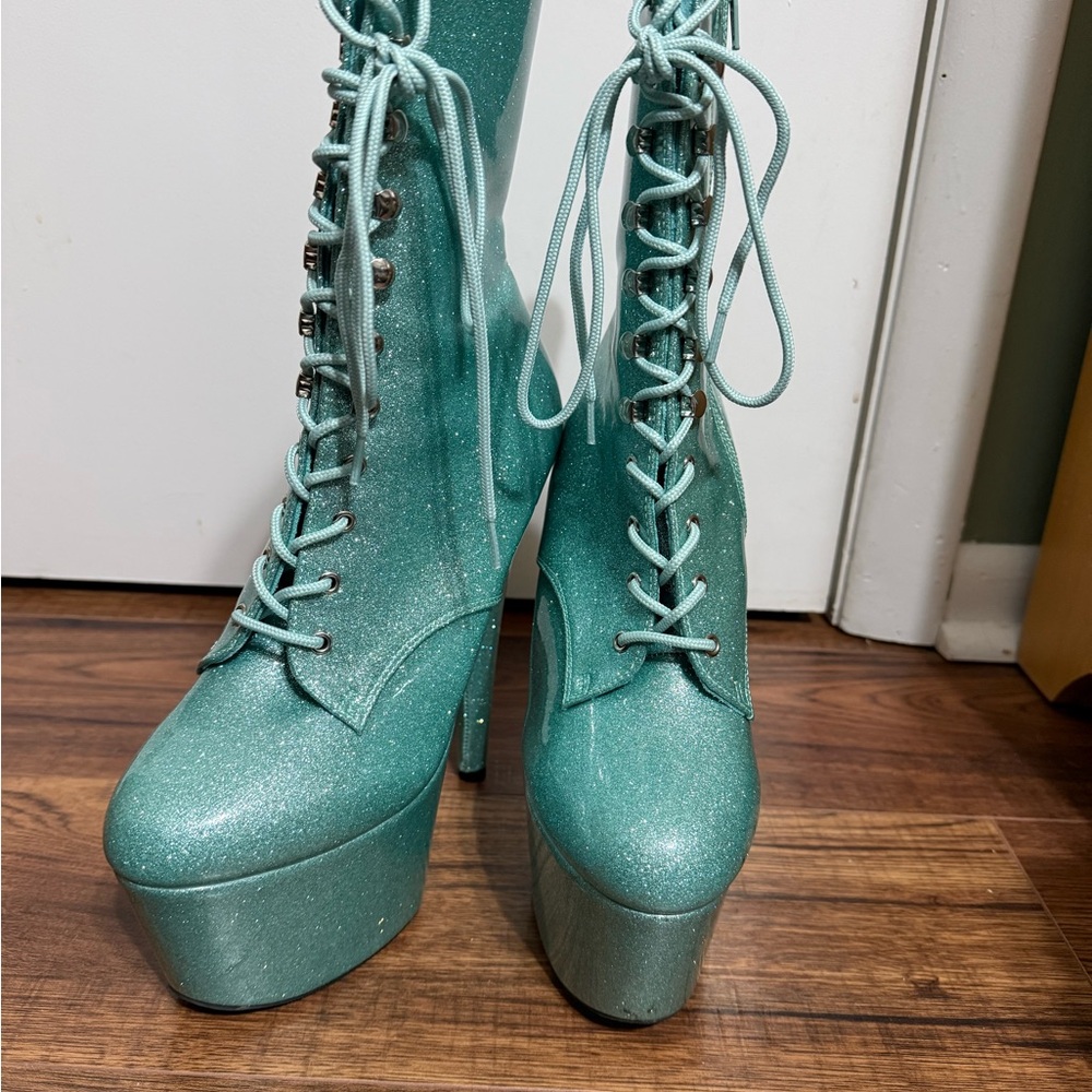 Pleaser Mint Glitter Lace-Up Boots